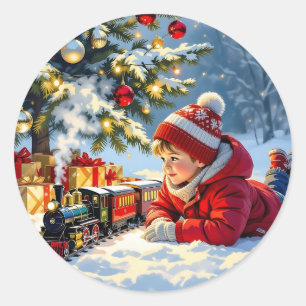A Boy and his Christmas Train Old-Fashioned Classic Round Sticker