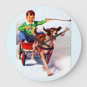 A boy and his dog cart large clock