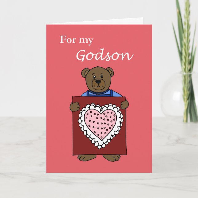 A boy bear holding a valentine holiday card (Front)