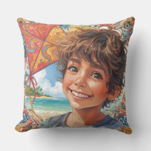 A Boy is Playing a Kite on The Tropical Beach Outd Cushion
