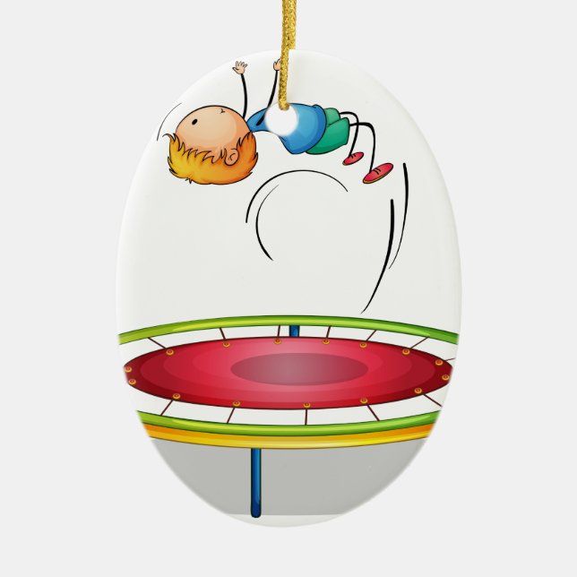 A boy playing trampoline ceramic tree decoration (Front)