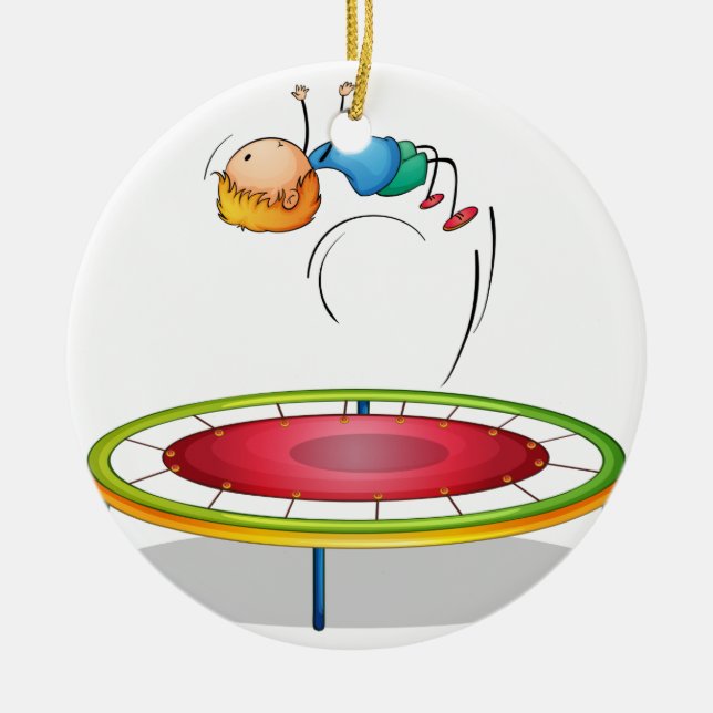 A boy playing trampoline ceramic tree decoration (Front)