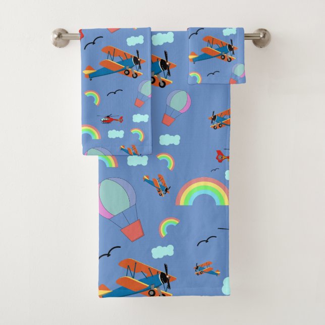 A Boys Flying Pattern on Blue Bath Towel Set (Insitu)