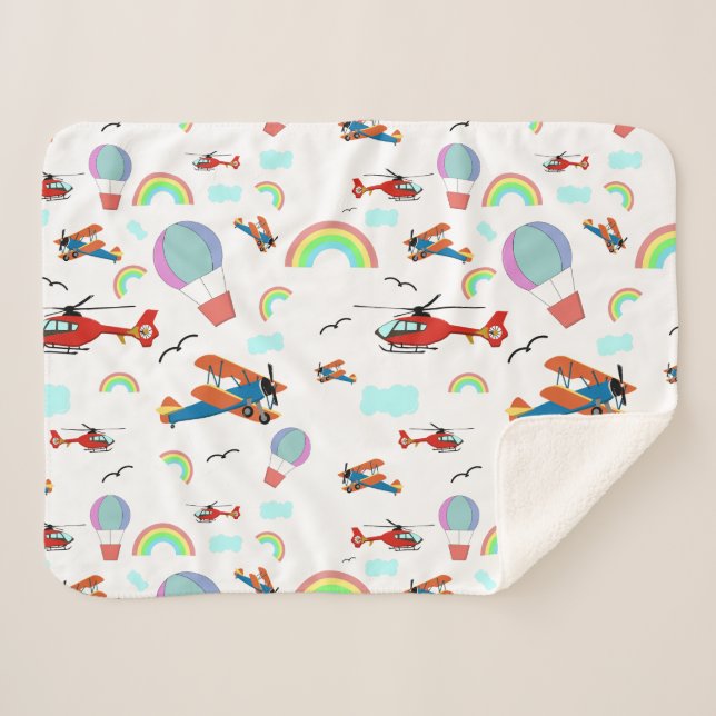 A Boys Flying Pattern on White Sherpa Blanket (Front (Horizontal))