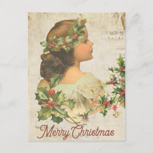 A branch of holly is also drawn there holiday postcard