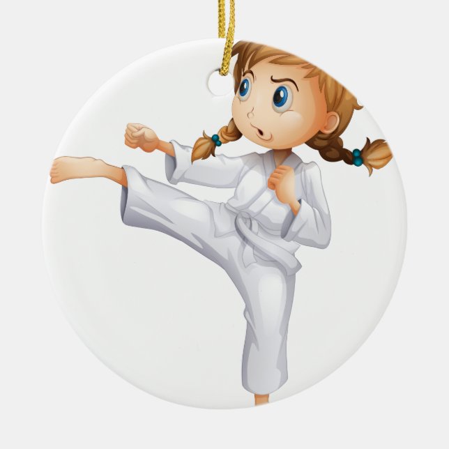 A brave girl doing karate ceramic tree decoration (Front)