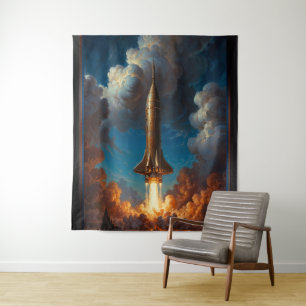 A Breathtaking Retro Fusion Rocket Launch Tapestry