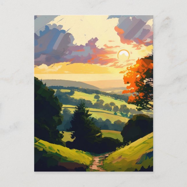 A breathtaking sunset on the rolling green hills. postcard (Front)