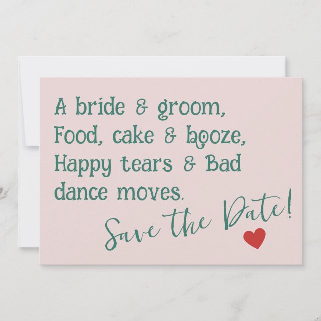A bride & groom, Food, cake & booze, Happy tears  Save The Date (Front)
