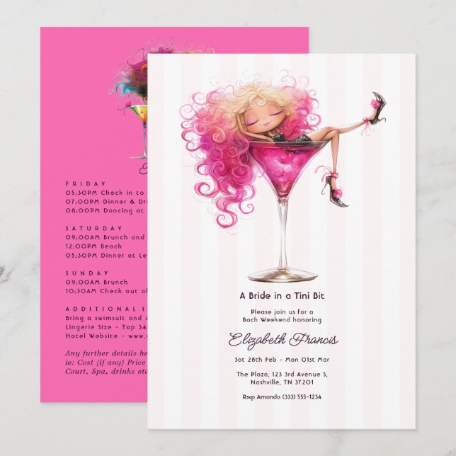A Bride in a Tini Bit Pink Martini Bachelorette Invitation (Front/Back)