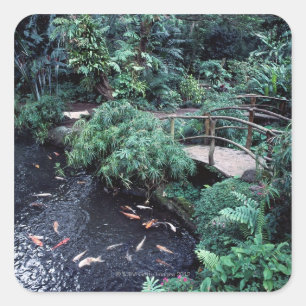 A bridge over a goldfish pond surrounded by square sticker