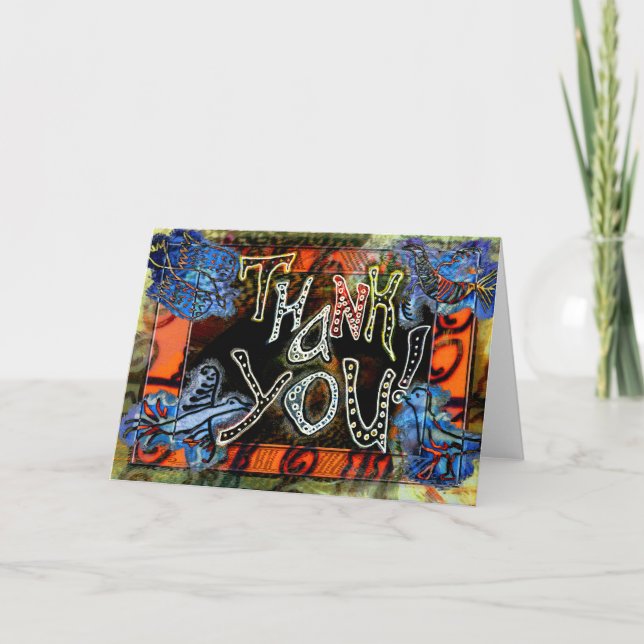 A bright folk art "Thank You" Card with birds (Front)