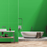 A bright green screen set against a clean white ba