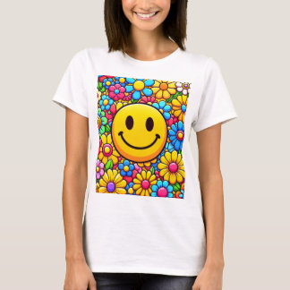 A bright smiley face and flower print t-shirt
