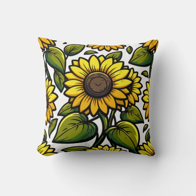 A bright sunflower print cushion (Front)