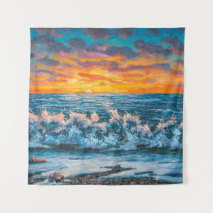 A bright sunset during a storm. An oil painting on Tapestry