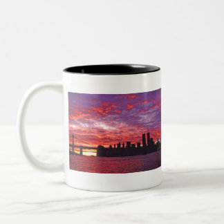 A Brilliant Sunset, Silhouette Of Lower Manhattan. Two-Tone Coffee Mug