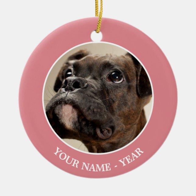 A Brindle Boxer puppy looking up curiously. Ceramic Tree Decoration (Front)