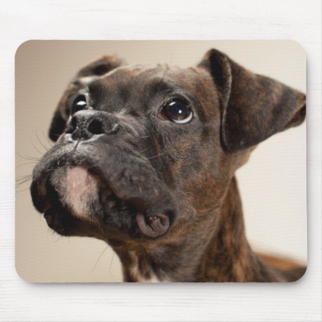 A Brindle Boxer puppy looking up curiously. Mouse Pad (Front)