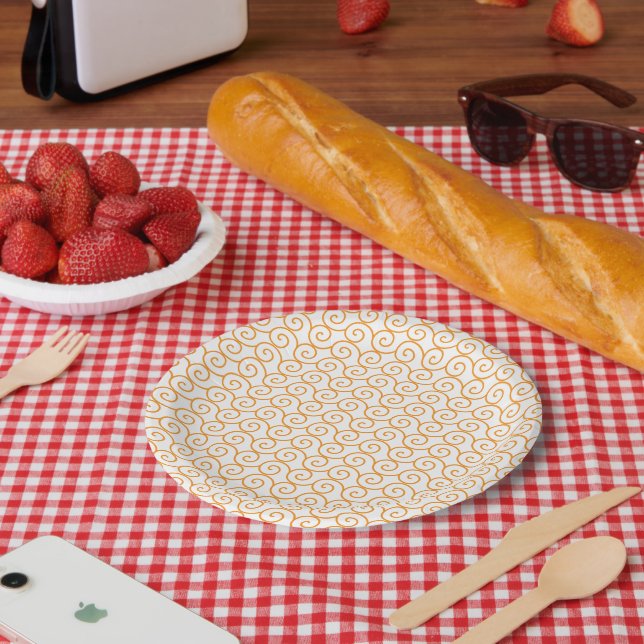 A brown and orange rug with a repeating pattern mo paper plate (Picnic)