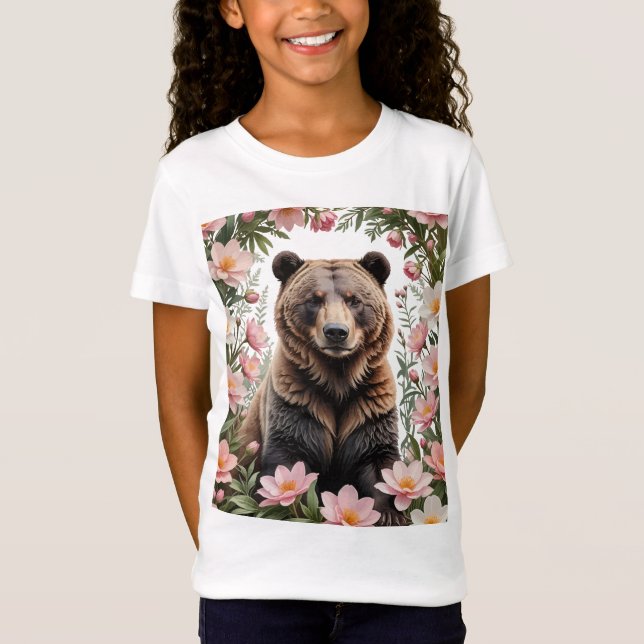 A Brown Bear Surrounded By Pink Bitterroot Flowers T-Shirt (Front)