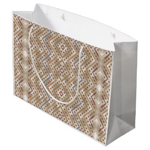 A brown rug displaying a symmetrical design featur large gift bag