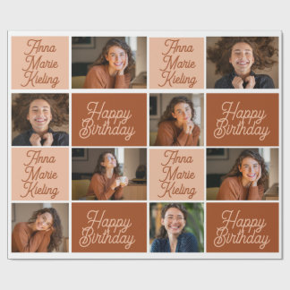 A brown-toned collage of a happy birthday girl wrapping paper