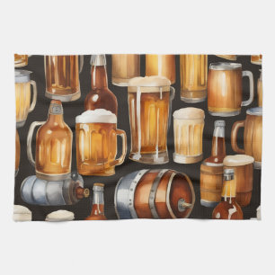 A Bunch of Beer kegs and Glasses  Tea Towel