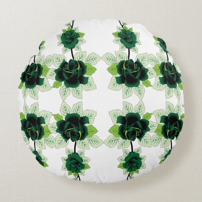 a bunch of green flowers on a white background round cushion (Front)