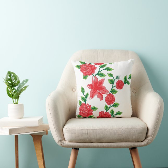 a bunch of red flowers on a white background cushion (Chair)