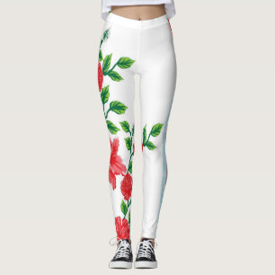 a bunch of red flowers on a white background leggings