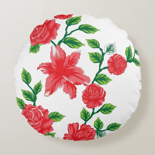 a bunch of red flowers on a white background round cushion (Front)