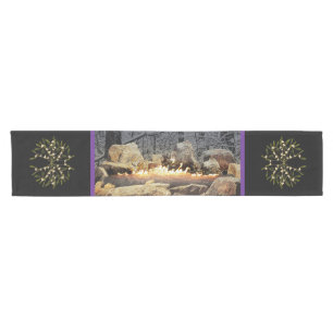 A Burning Yule Log  with Mistletoe Short Table Runner