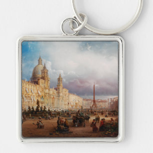 A bustling market on the Piazza Navona in Rome Key Ring