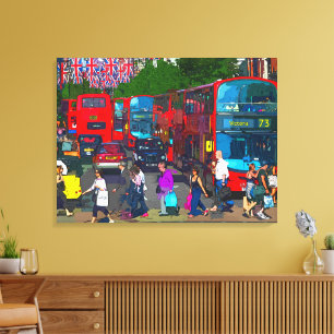 A busy Oxford Street with shoppers and red buses. Canvas Print