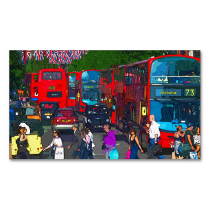 A busy Oxford Street with shoppers and red buses.  Magnetic Business Card