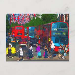 A busy Oxford Street with shoppers and red buses.  Postcard
