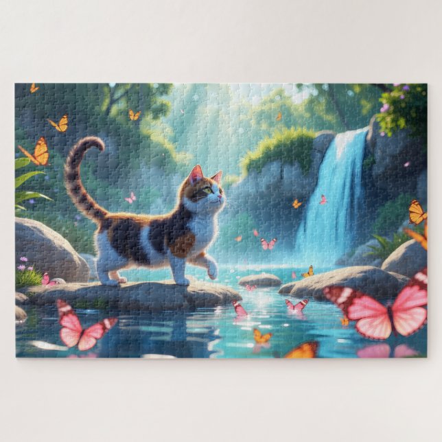A Calico Cat Explores A Serene Forest Waterfall Jigsaw Puzzle (Horizontal)