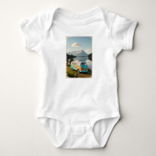 A camping van parked by a lake with a reflection o baby bodysuit