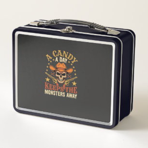 A Candy a Day Keeps the Monsters Away Halloween Sk Metal Lunch Box