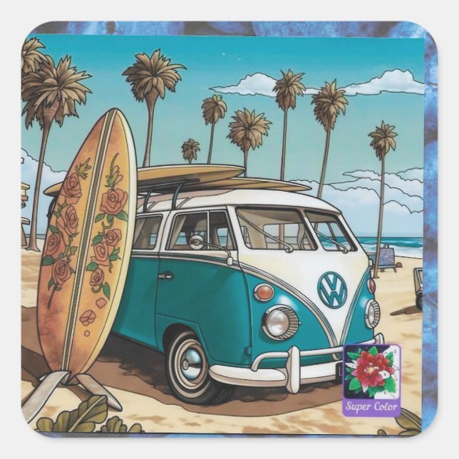 a car on a square photo square sticker (Front)