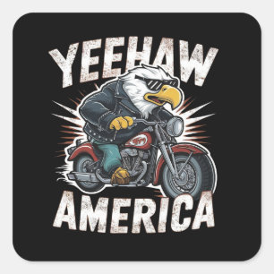 a cartoon bald eagle riding a motorcycle square sticker