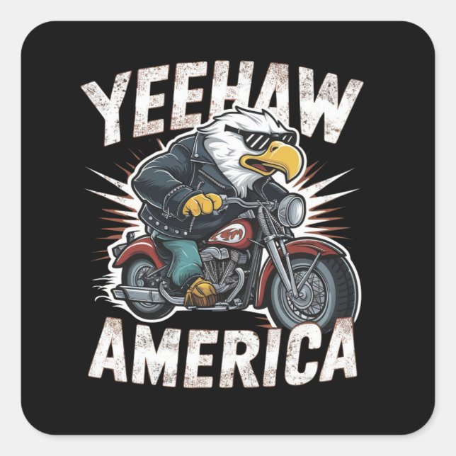 a cartoon bald eagle riding a motorcycle square sticker (Front)