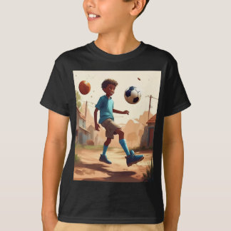 A cartoon boy playing football design kid T Shirt. T-Shirt