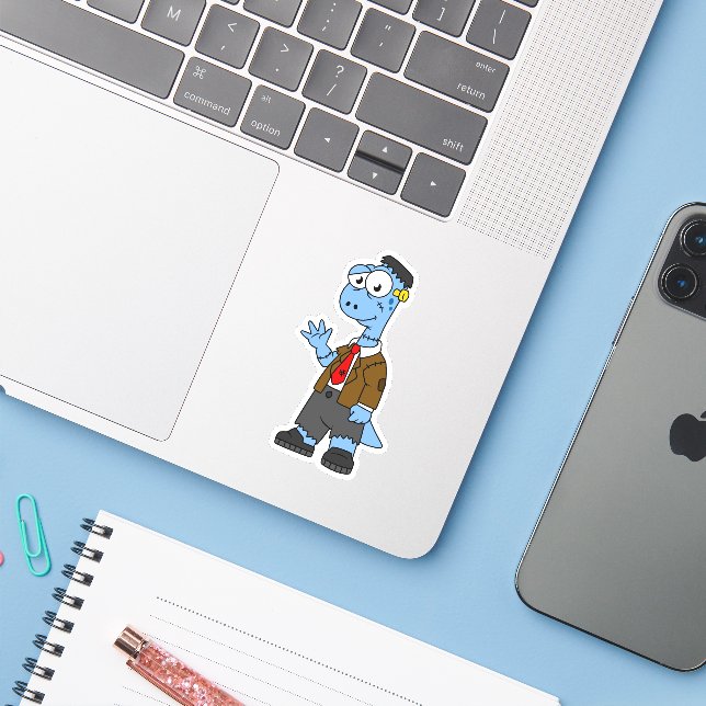 A Cartoon Brontosaur Dressed Up As Frankenstein. (Laptop w/ iPhone)