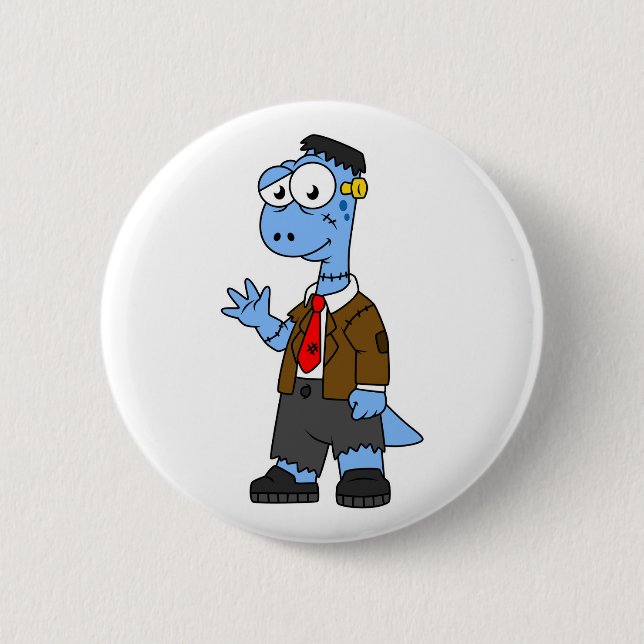 A Cartoon Brontosaur Dressed Up As Frankenstein. 6 Cm Round Badge (Front)