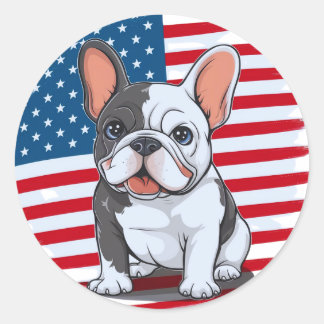A cartoon French bulldog with American flag(1) Classic Round Sticker
