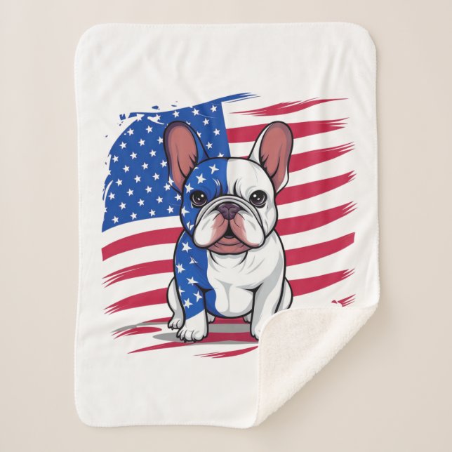 A cartoon French bulldog with American flag Sherpa Blanket (Front)
