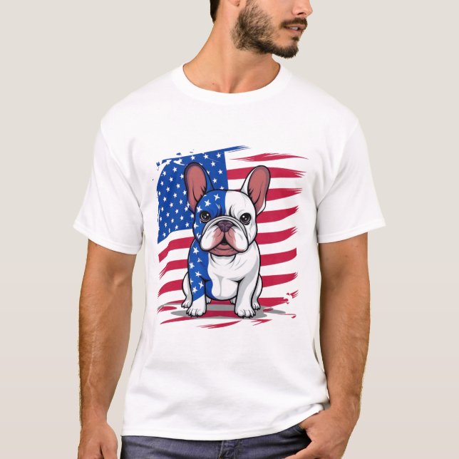 A cartoon French bulldog with American flag T-Shirt (Front)