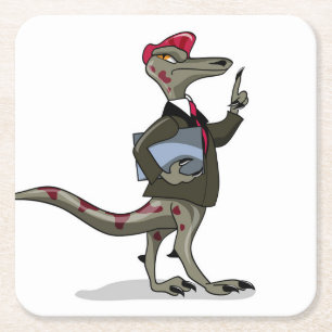 A Cartoon Iguanodon Clerk. Square Paper Coaster